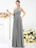 A-Line/Princess One-Shoulder Sash/Ribbon/Belt Sleeveless Long Chiffon Bridesmaid Dresses TPP0005345