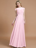 A-Line/Princess Scoop Short Sleeves Chiffon Floor-Length Bridesmaid Dresses TPP0005597