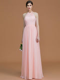 A-Line/Princess Halter Sleeveless Floor-Length Ruched Chiffon Bridesmaid Dresses TPP0005663