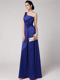 Sheath/Column One-Shoulder Sleeveless Pleats Hand-Made Flower Long Elastic Woven Satin Bridesmaid Dresses TPP0005514