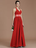 A-Line/Princess Halter Sleeveless Sash/Ribbon/Belt Floor-Length Chiffon Bridesmaid Dresses TPP0005410