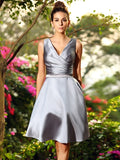 A-Line/Princess V-neck Ruched Sleeveless Short Satin Bridesmaid Dresses TPP0005404