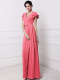 Sheath/Column V-neck Short Sleeves Pleats Long Chiffon Bridesmaid Dresses TPP0005438