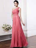 Sheath/Column One-Shoulder Sleeveless Beading Pleats Long Chiffon Bridesmaid Dresses TPP0005588