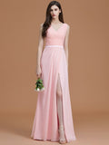 A-Line/Princess V-neck Sleeveless Floor-Length Ruched Chiffon Bridesmaid Dresses TPP0005284