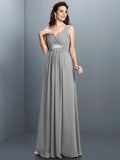 A-Line/Princess V-neck Beading Pleats Sleeveless Long Chiffon Bridesmaid Dresses TPP0005270