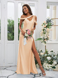 Sheath/Column Charmeuse Ruched Off-the-Shoulder Sleeveless Sweep/Brush Train Bridesmaid Dresses TPP0004898