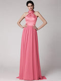 Sheath/Column Halter Sleeveless Pleats Long Elastic Woven Satin Chiffon Bridesmaid Dresses TPP0005653