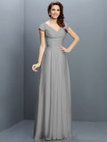 A-Line/Princess V-neck Pleats Short Sleeves Long Chiffon Bridesmaid Dresses TPP0005256