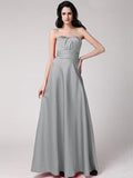 A-Line/Princess Strapless Sleeveless Pleats Long Elastic Woven Satin Bridesmaid Dresses TPP0005835