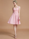 A-Line/Princess V-neck Sleeveless Lace Short/Mini Chiffon Bridesmaid Dresses TPP0005355