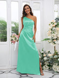 Sheath/Column Elastic Woven Satin Ruched One-Shoulder Sleeveless Floor-Length Bridesmaid Dresses TPP0004908