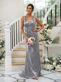 Sheath/Column Sequins Ruched V-neck Sleeveless Sweep/Brush Train Bridesmaid Dresses TPP0004958