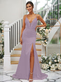 Sheath/Column Silk like Satin Ruched V-neck Sleeveless Sweep/Brush Train Bridesmaid Dresses TPP0004907