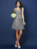 A-Line/Princess V-neck Pleats Bowknot Sleeveless Short Chiffon Bridesmaid Dresses TPP0005372