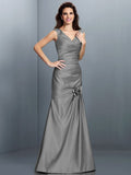 A-Line/Princess V-neck Pleats Sleeveless Long Satin Bridesmaid Dresses TPP0005497