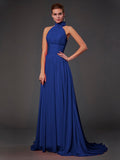 A-Line/Princess Halter Sleeveless Hand-Made Flower Long Chiffon Bridesmaid Dresses TPP0004909