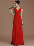 A-Line/Princess V-neck Sleeveless Ruched Floor-Length Chiffon Bridesmaid Dresses TPP0005037