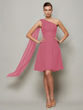 A-Line/Princess One-Shoulder Sleeveless Pleats Short Chiffon Bridesmaid Dresses TPP0005095