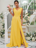 A-Line/Princess Chiffon Ruched V-neck Sleeveless Sweep/Brush Train Bridesmaid Dresses TPP0004916