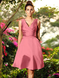 A-Line/Princess V-neck Ruched Sleeveless Short Satin Bridesmaid Dresses TPP0005404