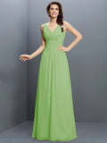 A-Line/Princess V-neck Pleats Sleeveless Long Chiffon Bridesmaid Dresses TPP0005331