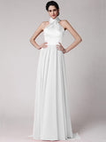 Sheath/Column Halter Sleeveless Pleats Long Elastic Woven Satin Chiffon Bridesmaid Dresses TPP0005653