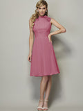 A-Line/Princess High Neck Sleeveless Pleats Short Chiffon Bridesmaid Dresses TPP0005172