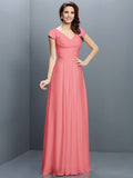 A-Line/Princess V-neck Pleats Short Sleeves Long Chiffon Bridesmaid Dresses TPP0005256