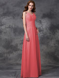 A-line/Princess Spaghetti Straps Ruffles Sleeveless Long Chiffon Bridesmaid Dresses TPP0005677