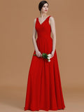 A-Line/Princess V-neck Sleeveless Floor-Length Beading Chiffon Bridesmaid Dresses TPP0005456