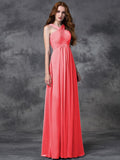 A-line/Princess Straps Ruched Sleeveless Long Chiffon Bridesmaid Dresses TPP0005379