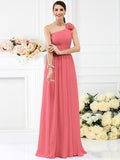 A-Line/Princess One-Shoulder Pleats Hand-Made Flower Sleeveless Long Chiffon Bridesmaid Dresses TPP0005131