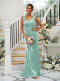 Sheath/Column Sequins Ruched V-neck Sleeveless Sweep/Brush Train Bridesmaid Dresses TPP0004958