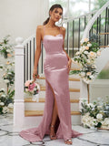 Sheath/Column Elastic Woven Satin Ruched Square Sleeveless Sweep/Brush Train Bridesmaid Dresses TPP0004933