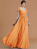 A-Line/Princess Off-the-Shoulder Sleeveless Floor-Length Ruched Chiffon Bridesmaid Dresses TPP0005358