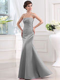 Sheath/Column Strapless Sleeveless Long Pleats Satin Bridesmaid Dresses TPP0005434