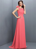 A-Line/Princess Bateau Hand-Made Flower Sleeveless Long Chiffon Bridesmaid Dresses TPP0005638