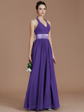 A-Line/Princess Halter Sleeveless Sash/Ribbon/Belt Floor-Length Chiffon Bridesmaid Dresses TPP0005410