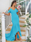 Trumpet/Mermaid Jersey Ruffles V-neck Sleeveless Asymmetrical Bridesmaid Dresses TPP0004937