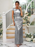 Sheath/Column Sequins Ruched Scoop Short Sleeves Floor-Length Bridesmaid Dresses TPP0004938