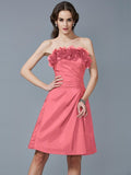 Sheath/Column Strapless Sleeveless Hand-Made Flower Short Taffeta Bridesmaid Dresses TPP0005868