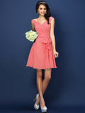 A-Line/Princess V-neck Pleats Bowknot Sleeveless Short Chiffon Bridesmaid Dresses TPP0005372