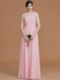 A-Line/Princess Jewel Sleeveless Floor-Length Ruched Chiffon Bridesmaid Dresses TPP0005645