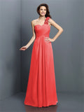 A-Line/Princess One-Shoulder Hand-Made Flower Sleeveless Long Chiffon Bridesmaid Dresses TPP0005570