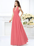 A-Line/Princess Halter Pleats Sleeveless Long Chiffon Bridesmaid Dresses TPP0002801