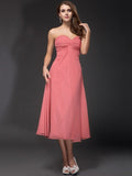 Sheath/Column Sweetheart Ruffles Sleeveless Tea Length Chiffon Bridesmaid Dresses TPP0005620