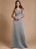 A-Line/Princess V-neck Long Sleeveless Elastic Woven Satin Bridesmaid Dresses TPP0005409