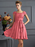 A-Line/Princess Scoop Short Sleeves Lace Short Chiffon Bridesmaid Dresses TPP0005086