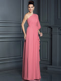 Sheath/Column One-Shoulder 3/4 Sleeves Long Chiffon Bridesmaid Dresses TPP0005047